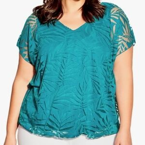 Avenue Top Elora Burnout Teal Leaf Design Blouse Size 18 BRAND NWT